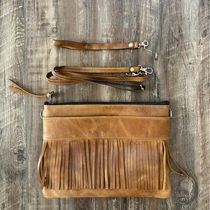Brand new artisan leather fringe crossbody, clutch, and wristlet